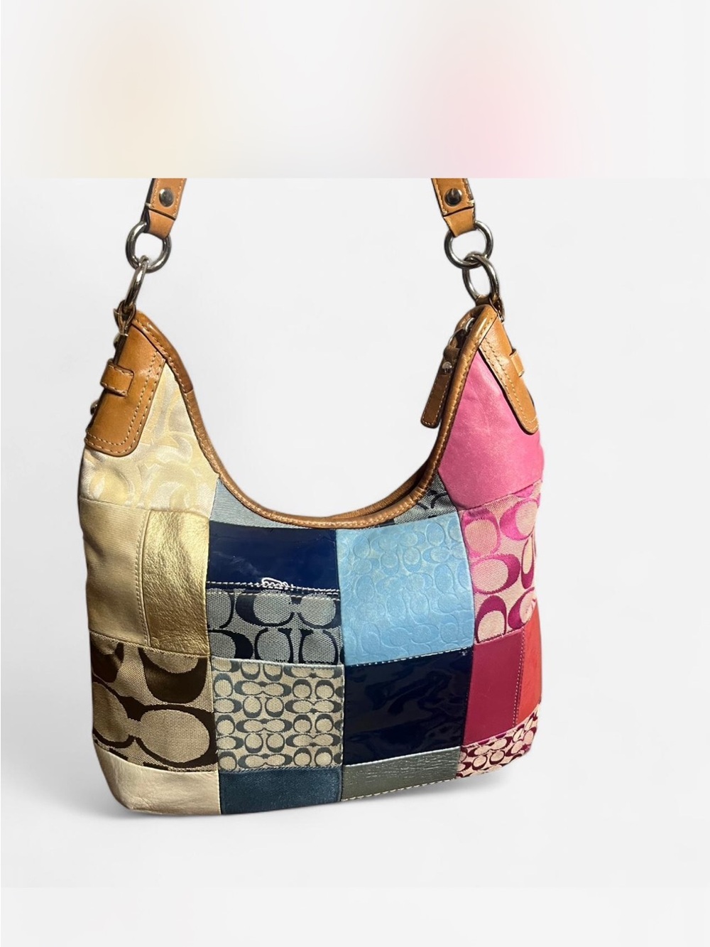Coach Patchwork Hobo Bag in Pink, Blue, Tan and Gold Tones